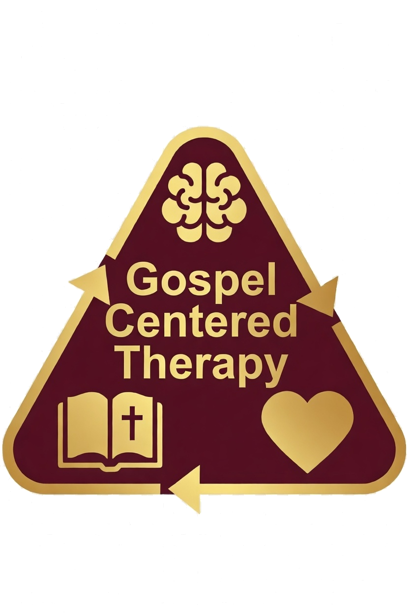 Gospel Centered Therapy logo — maroon triangle with gold brain, Bible, and heart